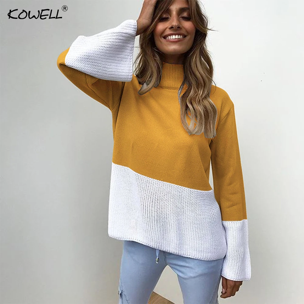 Two Colors Patchwork Cotton Women Sweaters and Pullovers Autumn Winter Long Sleeve Knitted Loose Women Tops Casual Sweater Women