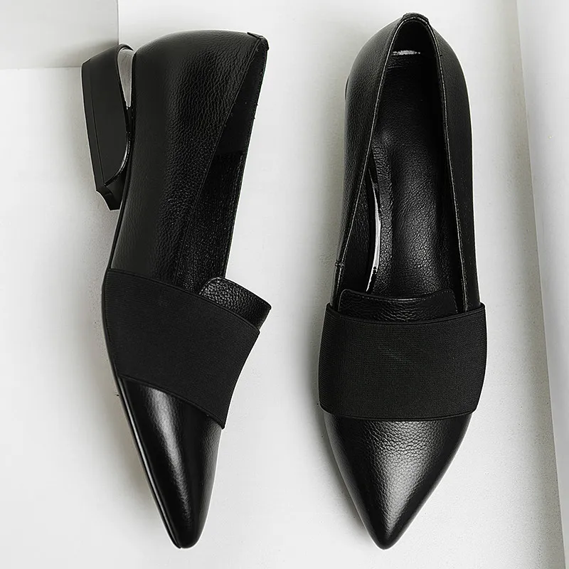 XIUNINGYAN/женские туфли-лодочки; Осенняя обувь из коровьей кожи; женская обувь из натуральной кожи с черной полосой на низком каблуке; женская обувь с острым носком - Цвет: Black 3