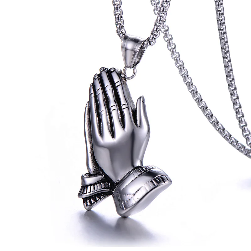 

Foreign trade men hand prayer titanium steel necklace fashionable European and American style stainless steel pendant necklace