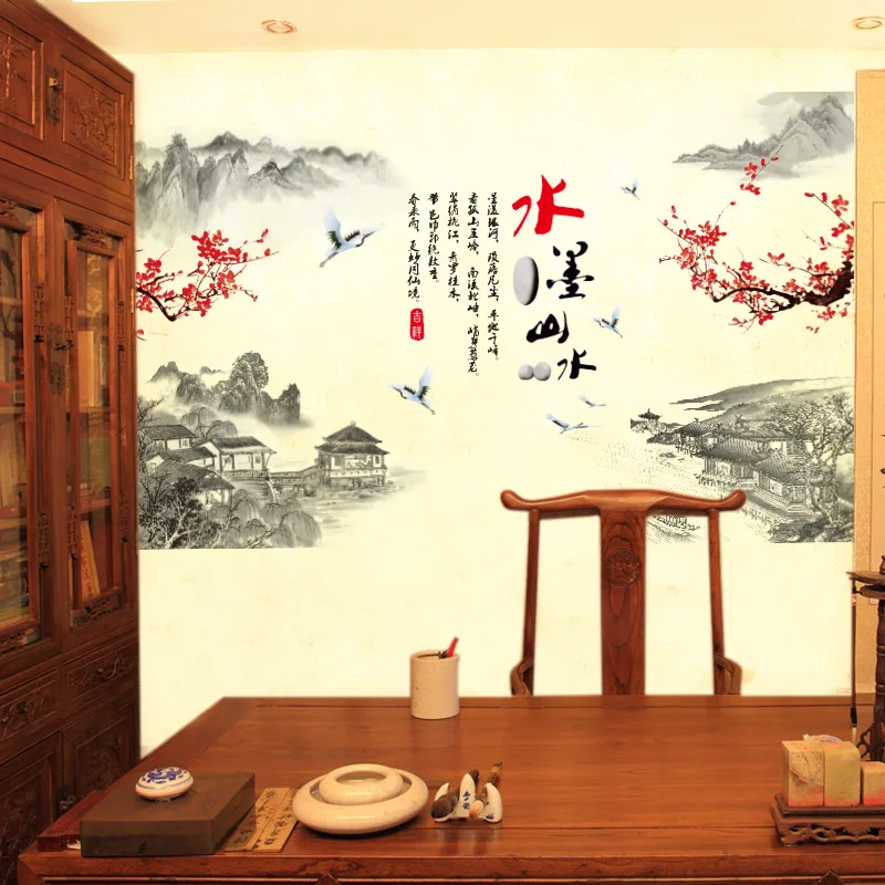 Китайские ветви горного дерева, ветви летающих птиц, настенные наклейки, обои, Классический павильон, каллиграфия, плакат, художественный декор, фреска