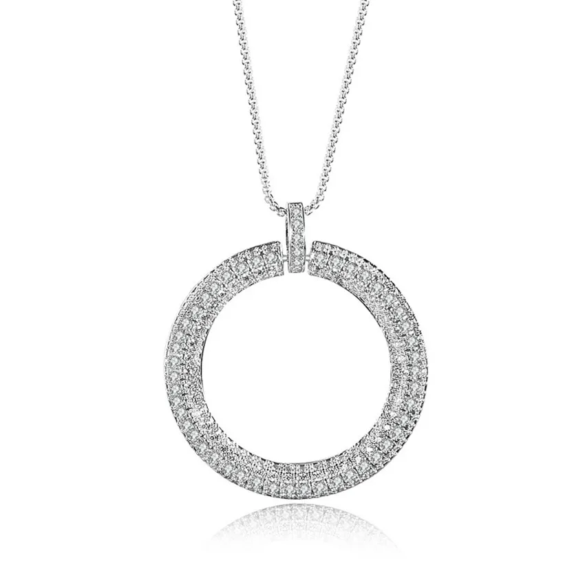 

New Sumer Style Micro Paved Big Round CZ Pendant Popular Circle Zircon Chain necklace silvery color Women Party Jewelry