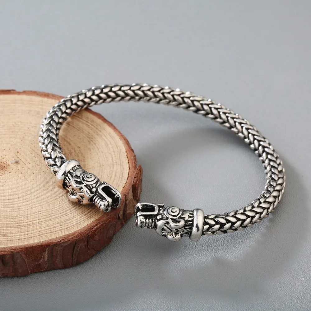 Kinitial Men Nordic Viking Dragon Bangle Antique Jewelry Silver Color Bronze Open Cuff Bracelet Scandinavian Costume Accessories bangle bracelet