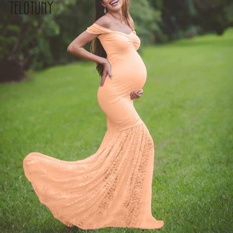 

TYELOTUNY maternity dresses for photo shoot Pregnants Elegant sexy Photography Props Off Shoulders Lace Long Dress ZS20