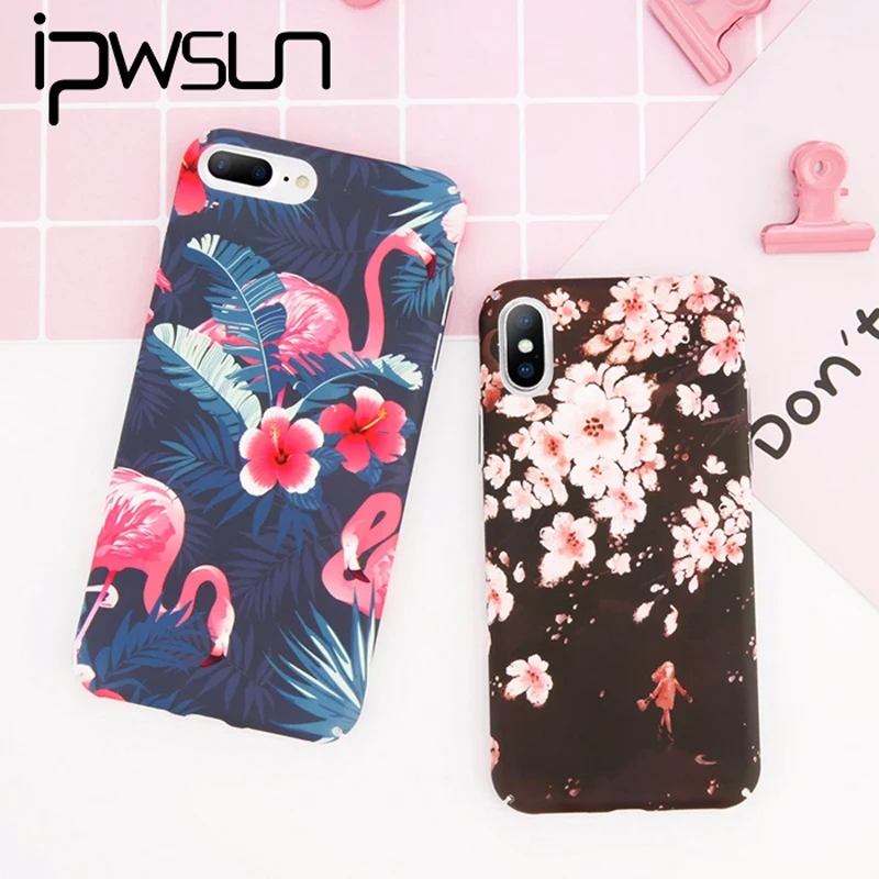 

iPWSOO Beautiful Phone Cases For iPhone 6 6S 7 8 Plus X Case Cherry Blossoms Flamingos Pattern Hard PC For iPhone 7 Phone Cover
