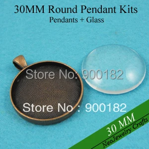 

30mm Antique Copper Round Blank Pendant Trays+ Matching Clear Glass Cabochons