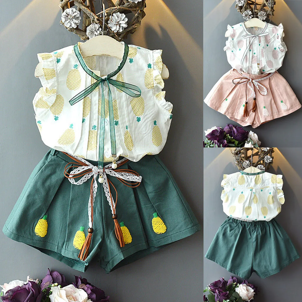 

Girls pineapple print sleeveless shirt shorts two-piece summer casual kids baby girl set cotton denim