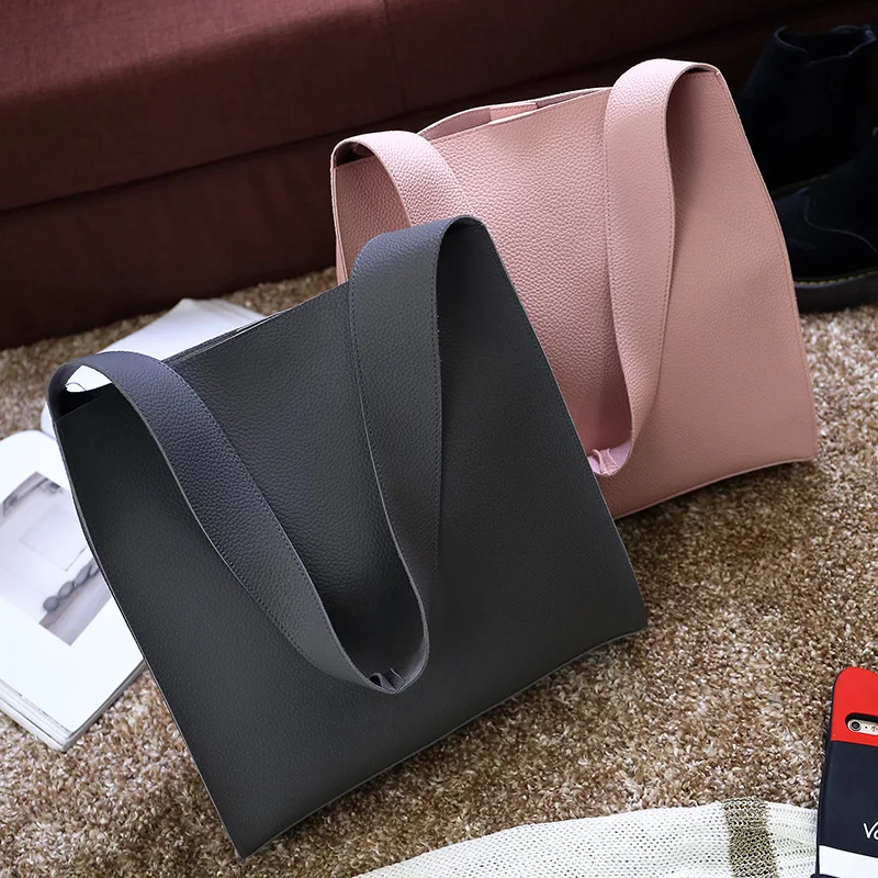 2017 New wide straps ladies lychee pattern big bag fashion Korean version of the simple wild