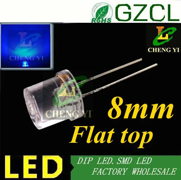 Free shipping 8mm blue flat top dip led 460-475nm wide view angle for strip light(Flat top leds)