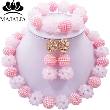 

Majalia Fashion Nigeria Wedding African Beads Jewelry Set Pink Crystal Plastic Pearl Necklace Bridal Jewelry Sets 1ZS024