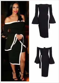 

High Quality Black Slash Neck Open Fork Knee Length Rayon Bandage Dress Evening Party Dress