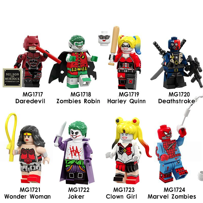 

Marvel Building Blocks Daredevil Joker Wonder Woman Harley Quinn Zombie Robin Deathstroke Figures Collection For Children Toys