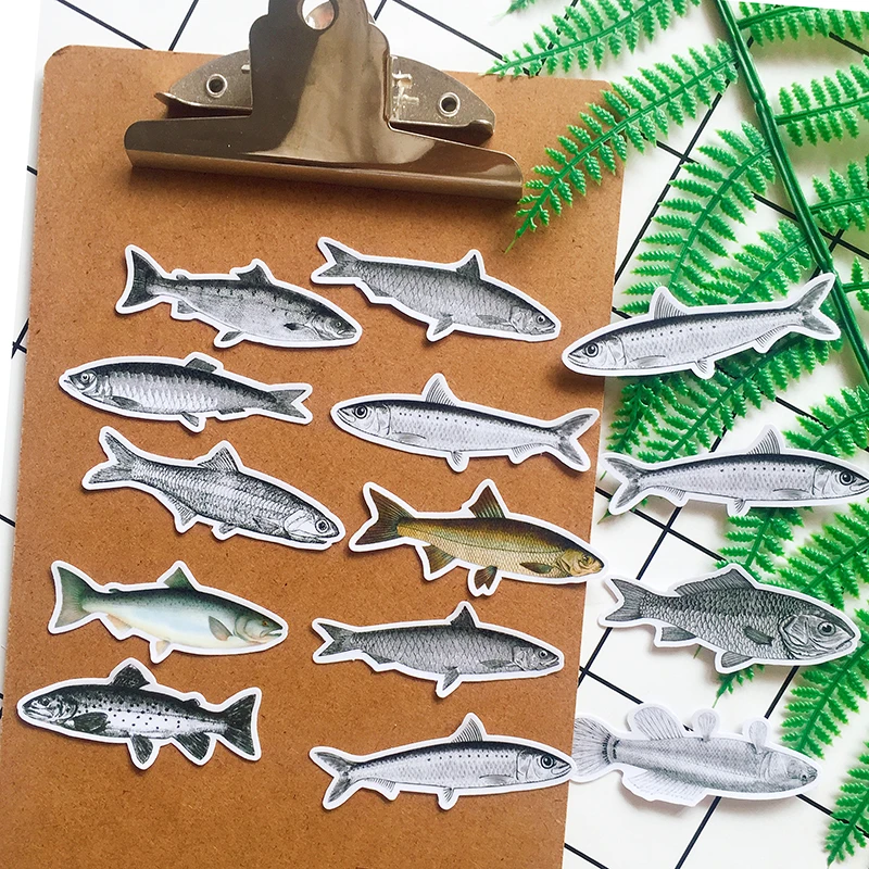 Yang Dilukis Dengan Tangan Stiker Hitam Dan Putih Vintage Ikan