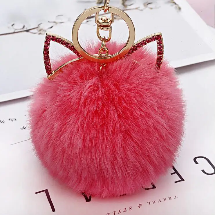 

Pink cat keyring Fur Keychain Pompom Fake Fur Ball Key Chain Fluffy Pompon Keyring Bag Charms Key Ring Llaveros Chaveiros