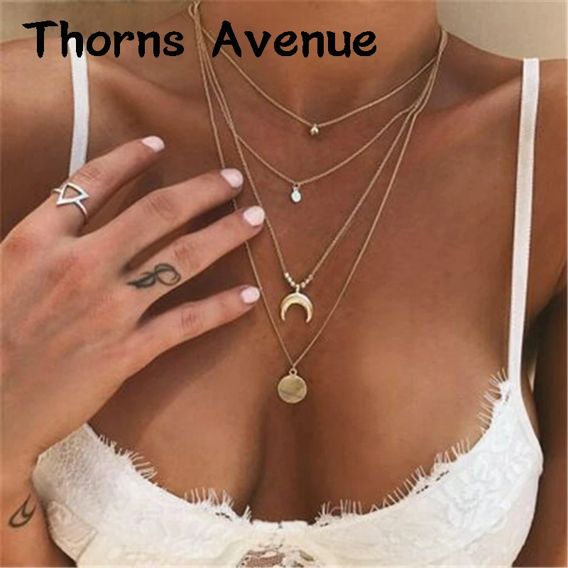 

New Fashion Sliver Gold Color Heart Moon Star Shape Multi-layer Bohemian Weeding Pendant Necklaces For Women Party Jewelry