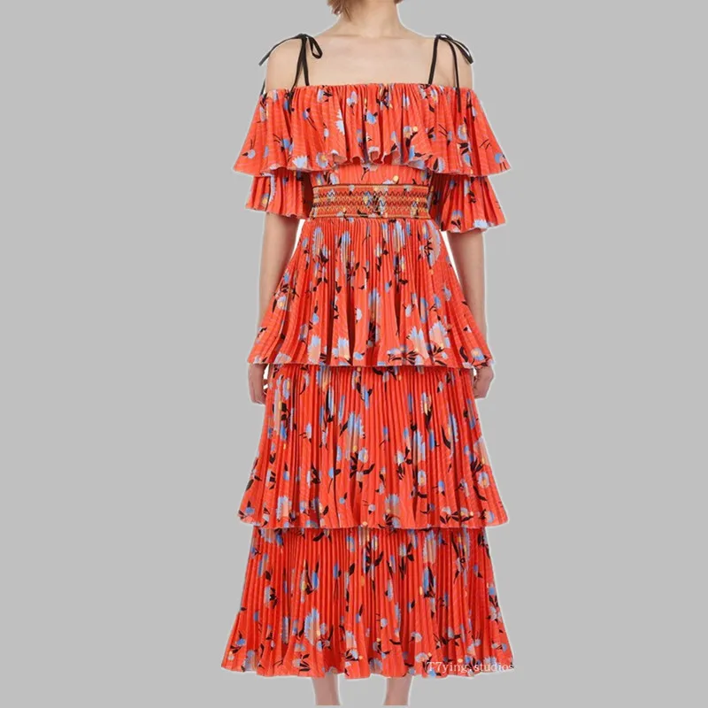

Self Portrait Holiday Chiffon Long Dress Summer Women Spaghetti Strap Print Floral Pleated Dresses Sexy Cascading Ruffles Dress