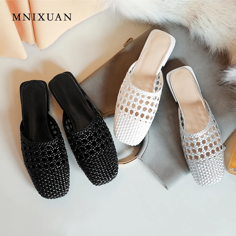 

MNIXUAN Handmade Hollow women shoes shoes rome slippers 2019 summer new square toe low heels solid slides big size 34-43 Silver