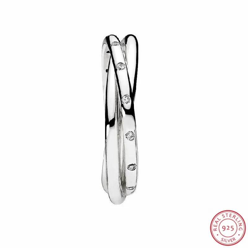 Swirling симметричные кольца для женщин серебро 925 ювелирные изделия состоит из трех отдельных кругов Две гладкие линии один сверкающий CZ FLR110