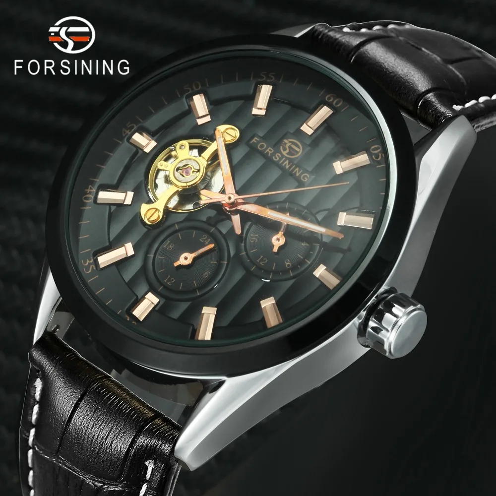 

FORSINING Classic Skeleton Mens Watches Top Brand Luxury Tourbillon Mechanical Leather Strap Watch Men 2 Sub-dials Fashion Watch