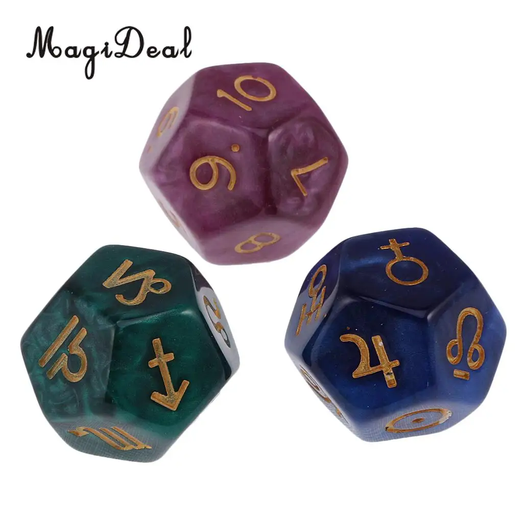 MagiDeal Novelty Pack of 3Pcs Pearl 12-Sided Astrology Digital Dice for Constellation Divination Toys Fun Family Club Game Gift | Спорт и