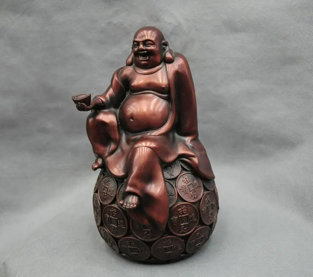 

11'' China Bronze Buddhism Happy Sit Maitreya Buddha Monk Statue Figurine