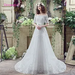 Дешевые Vestido De Noiva 2019 Свадебные платья трапециевидной формы Половина рукава Тюль Аппликации кружево блёстки свадебное платье в богемном