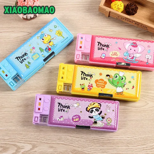 

4 color hot selling cute pencil case multifunctional double layer pencil box with pencil sharpener student stationery