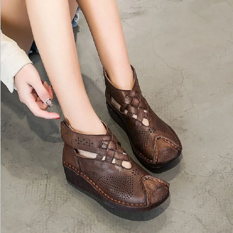 Summer Retro China Style Genuine Leather Hollow Out Sewing Square Toe Ankle Women Boots Cut Wedge Heels Lady Sandals 190508 | Обувь
