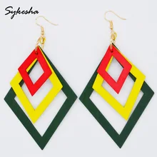 

2018 Hot Selling High Quality Exaggerated Colorful 3 layers Wood Round Square Dangle Earrings Female Summer Beach Jewelry