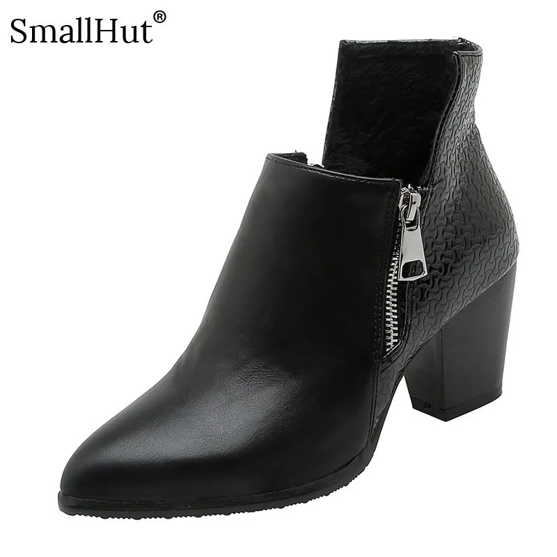 

High Heel Ankle Boots Women Autumn Ladies Fashion Square Heel E110 Short Plush Elegant Woman Black Pointed Toe Short Boots