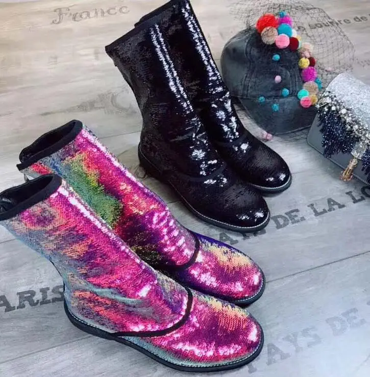 

Women's shoes heavy work new sweet gradient color sequins versatile back zipper ladies boots