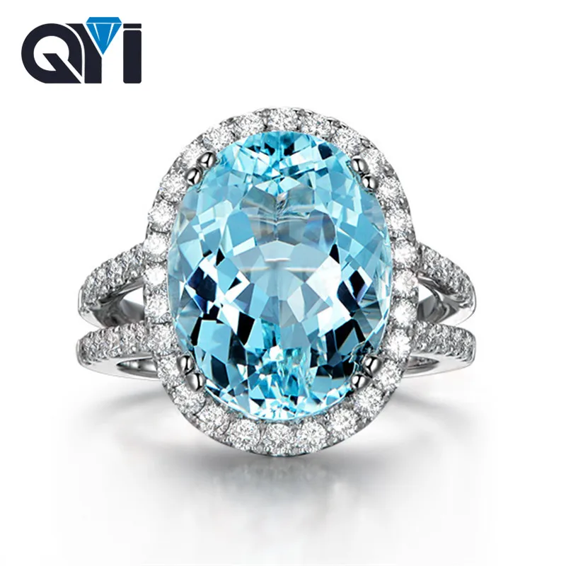 QYI 925 Sterling Silver Halo Engagement Rings 6.0 Ct Big Oval Natural Sky Blue Topaz Dinner Party Jewelry Luxury Gemstone Ring