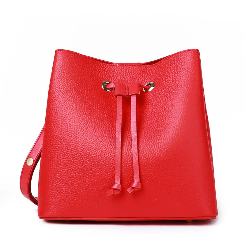 

2018 Fashion Women's Bag New Genuine Leather Ladies' Bag Top Layer of Togo Calf Leather Drawstring Shoulder Bag Autumn Winter