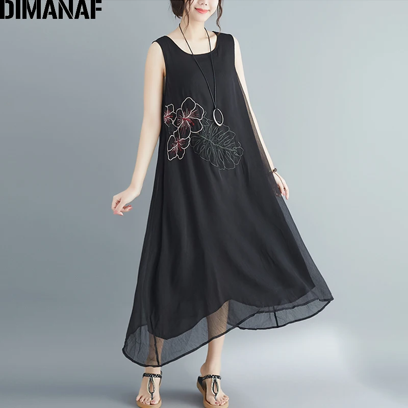 

DIMANAF Plus Size Women Dress Sleeveless Summer Sundress Big Size Female Elegant Lady Vestidos Embroidery Loose Beach Dress 2019