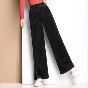 

Wide leg pants female spring autumn new 2019 thick elastic elastic waist corduroy loose large size split casual pants women
