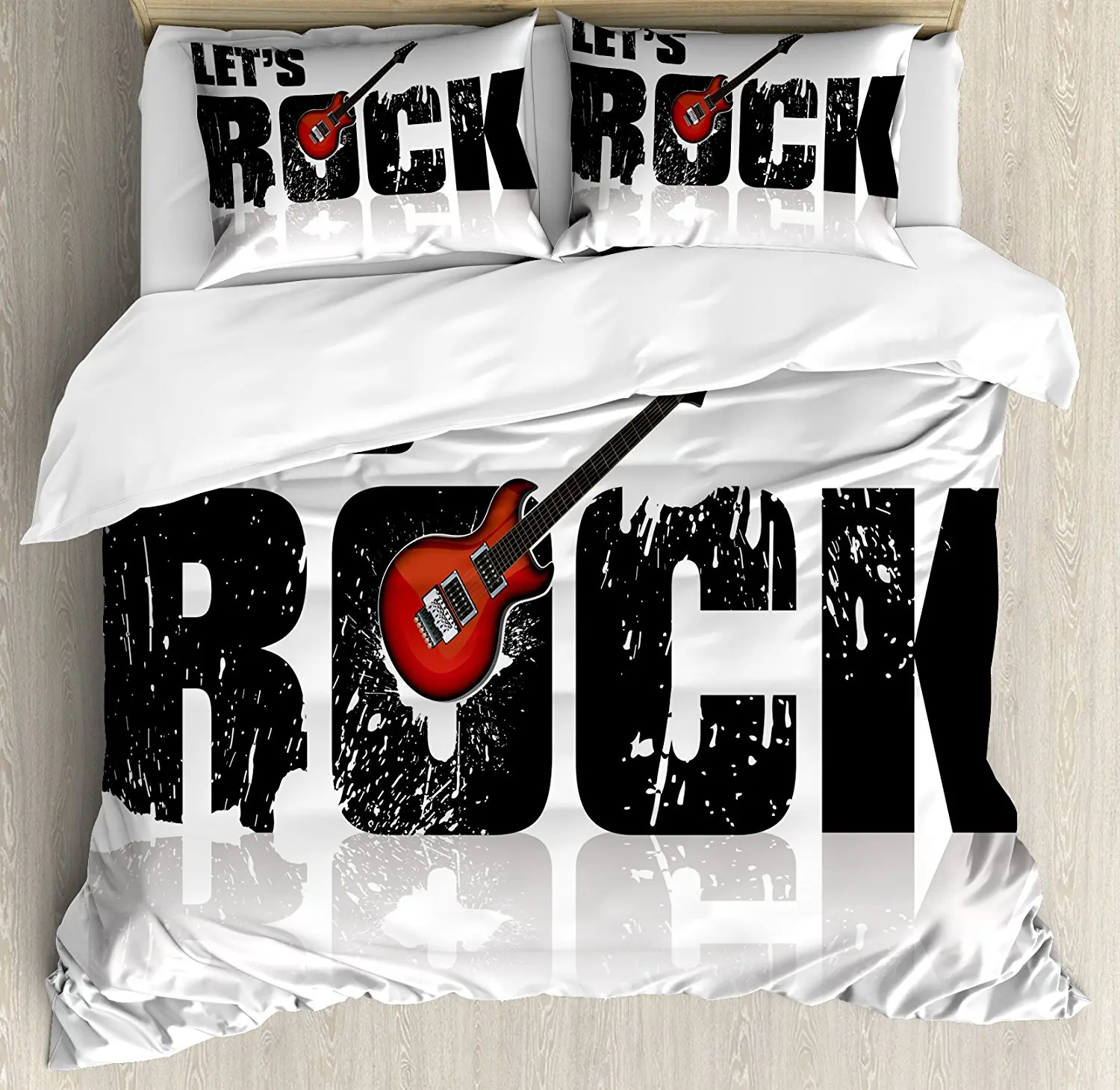Guitar Duvet Cover Set Let S Rock Text With Grunge Looking Color