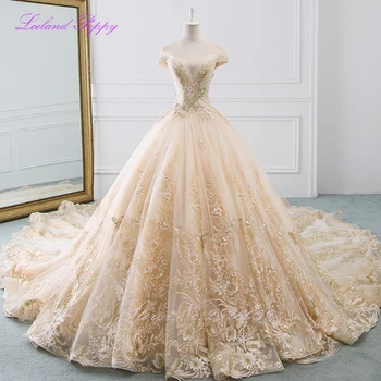 

Luxury Women's Ball Gown Appliques Wedding Dress Off Shoulder Floor Length Beaded Cathedral Train Vestido de Novia Bridal Gowns