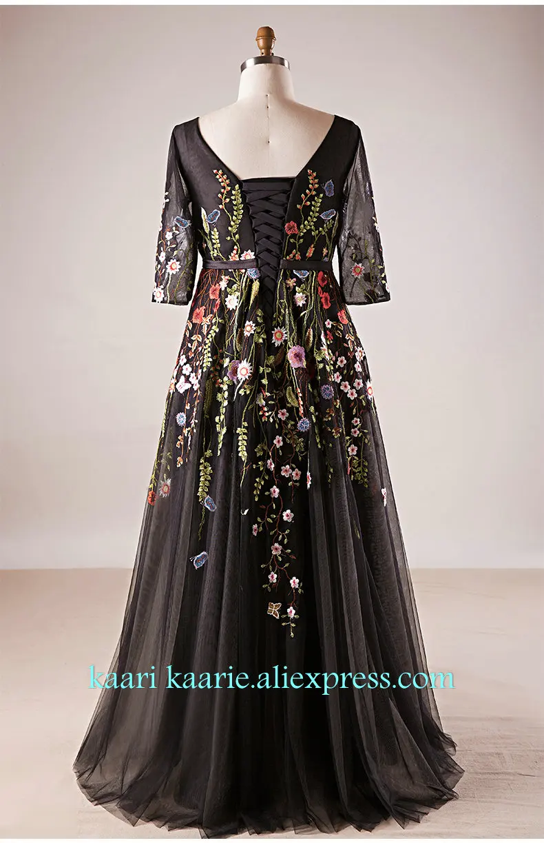 Elegant Black Plus Size Evening Dresses Long 2019 Scoop Half Sleeve Embroidery Evening Party Gowns woman Formal Evening Dress Elegant Black Plus Size Evening Dresses Long 2019 Scoop Half Sleeve Embroidery Evening Party Gowns woman Formal Evening Dress