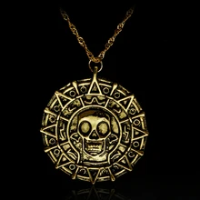 Collar de película Piratas del Caribe moneda azteca Vintage oro capitán Jack Sparrow medallón collar con colgante de calavera para hombres