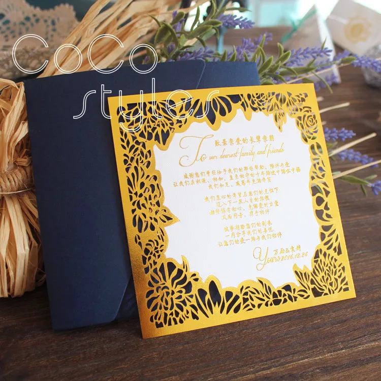  Cocostyles custom super luxury gold laser cut invitation card with die cut pocket envelope for roya - 32889444061