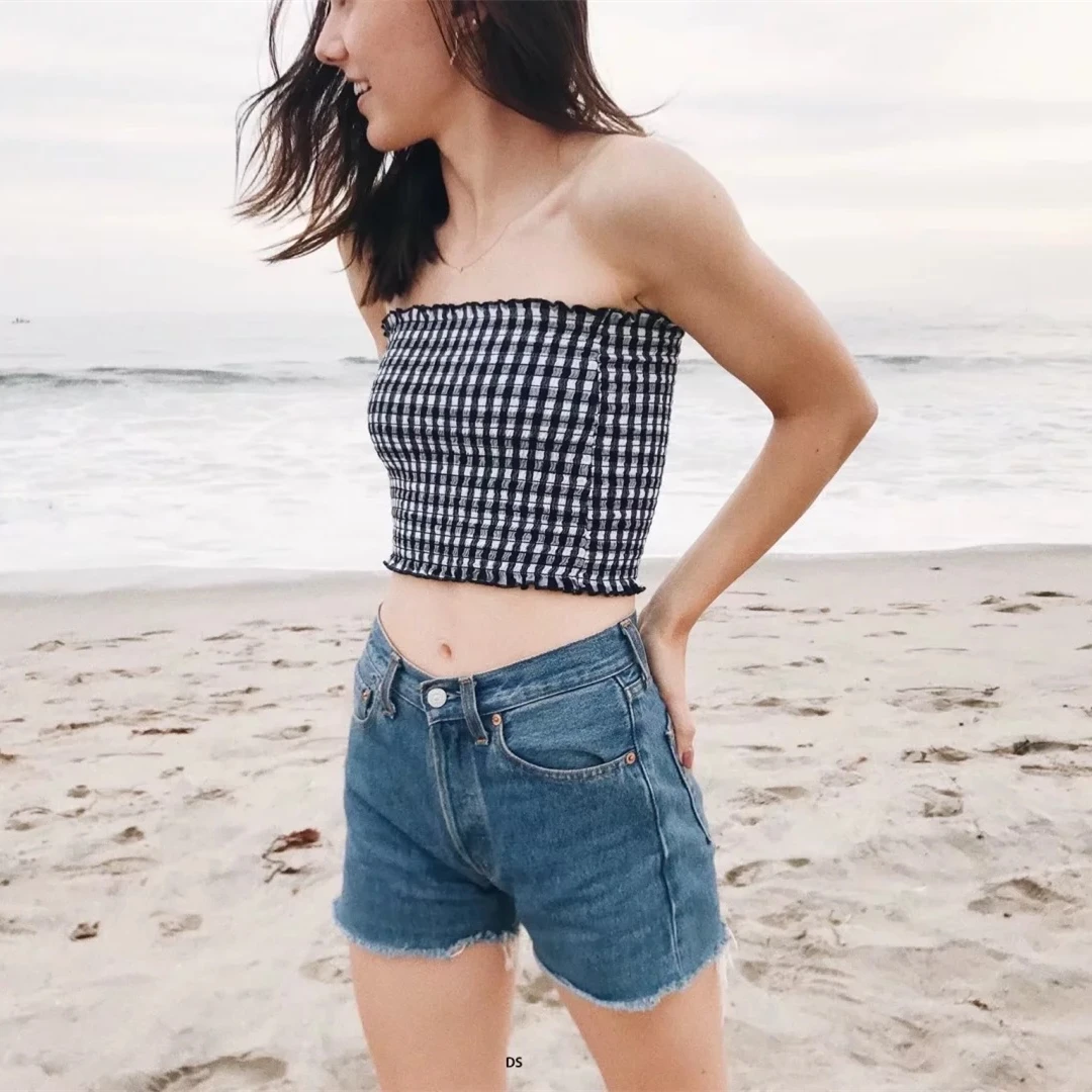 

Summer Elastic Solid Black White/Gingham Crop Top Sexy Women Crop Top Strapless Tank Tops Elastic Boob Tube Tops