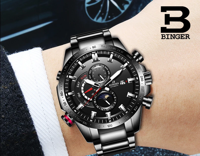 Швейцарские роскошные мужские механические часы Бингер, модные спортивные светящиеся водонепроницаемые автоматические часы для мужчин