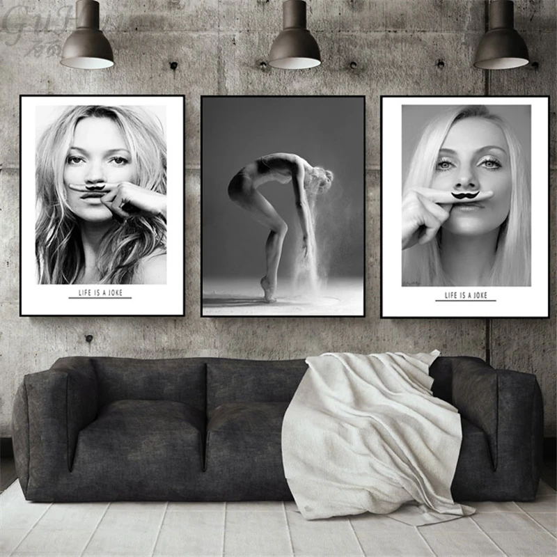 Kate Moss Moustache Canvas Painting Character Supermodel Fashion Poster ...