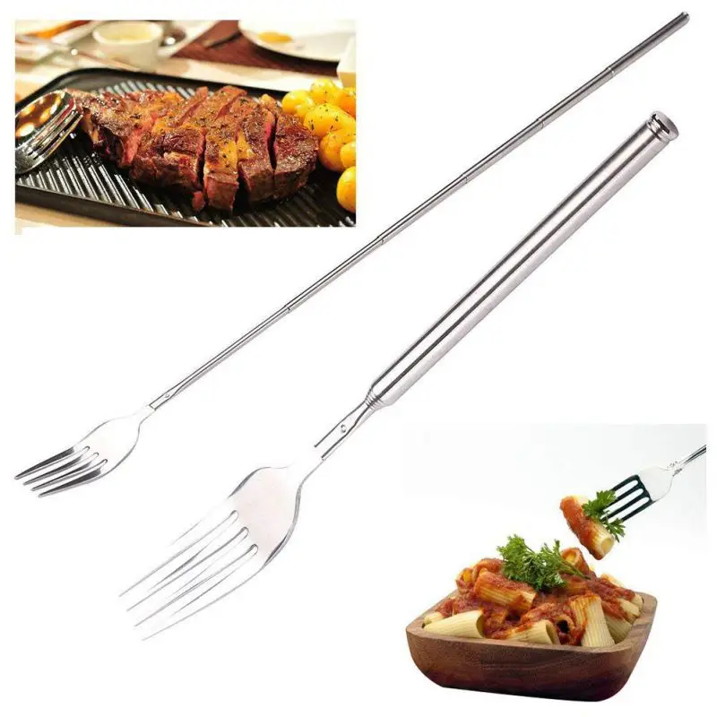 

Extendable Fork Stainless Steel Telescopic Fork Dinner Cutlery Gadgets BBQ Long Fork DIY Western Kitchen Accessories