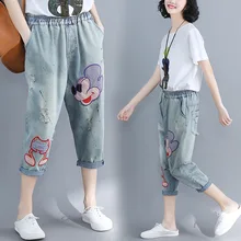 Европа новые летние женские модные эластичные талии вышивка старинные джинсовые укороченные штаны женские свободные сексуальные джинсы брюки