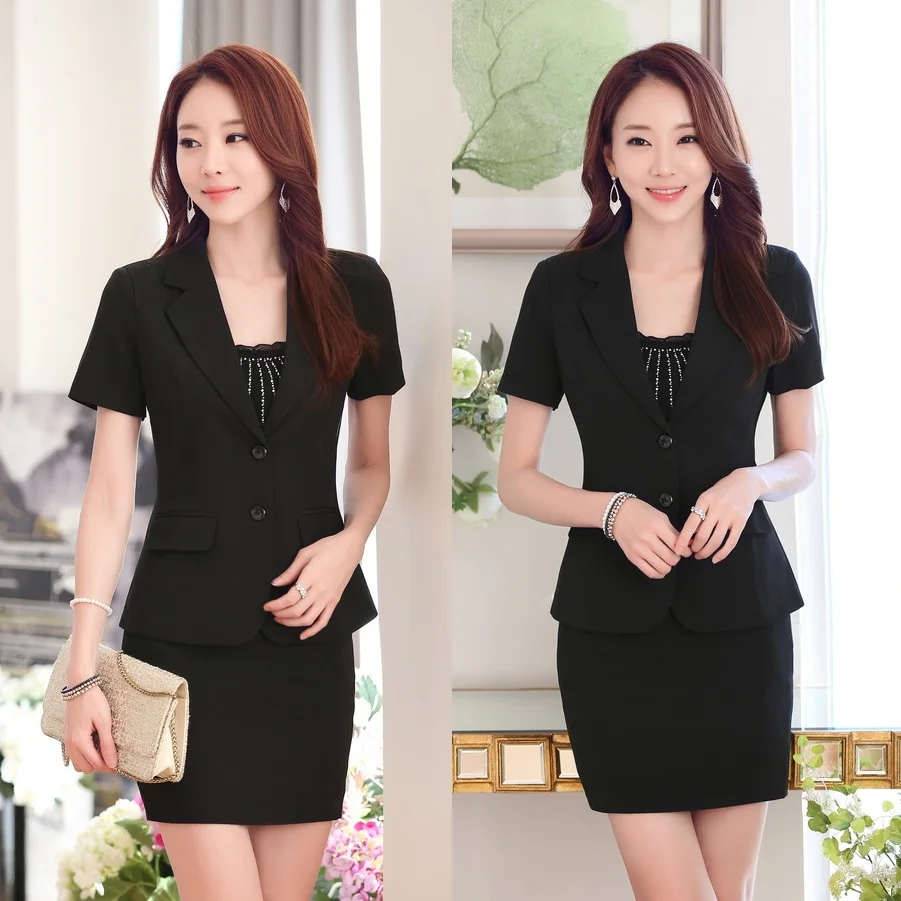 Formal negro Blazer mujeres trajes de negocios con falda y