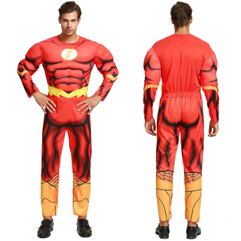 Justice League muscle Flash Costume cosplay boy children Red suit Superhero Halloween costumes for adult Jumpsuit