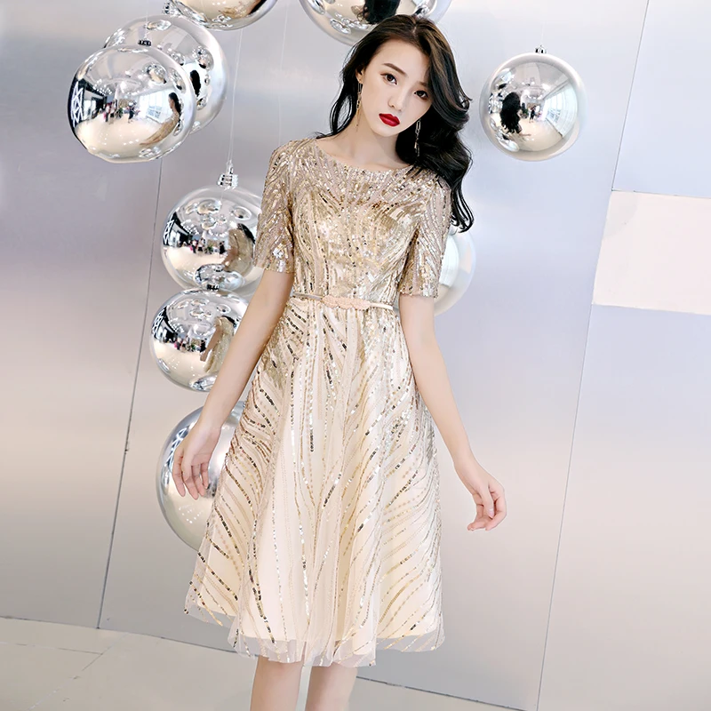 Short Sleeve Champagne Fashion Designer Lace Cocktail Gowns Cocktail Dress WY873 Customized