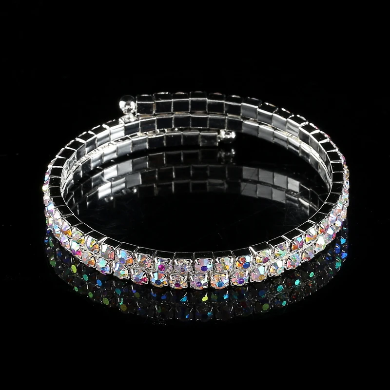 AB Crystal Rhinestone Bangle Bracelets Silver Plated Spiral Upper Arm Bracelet for Women 2 Row Iridescent Color Bracelets Bangle (3)