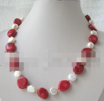 

FREE SHIPPING>>>@ new1416 Beautiful 19" 12mm natural white freshwater pearl & 17mm red coral necklace