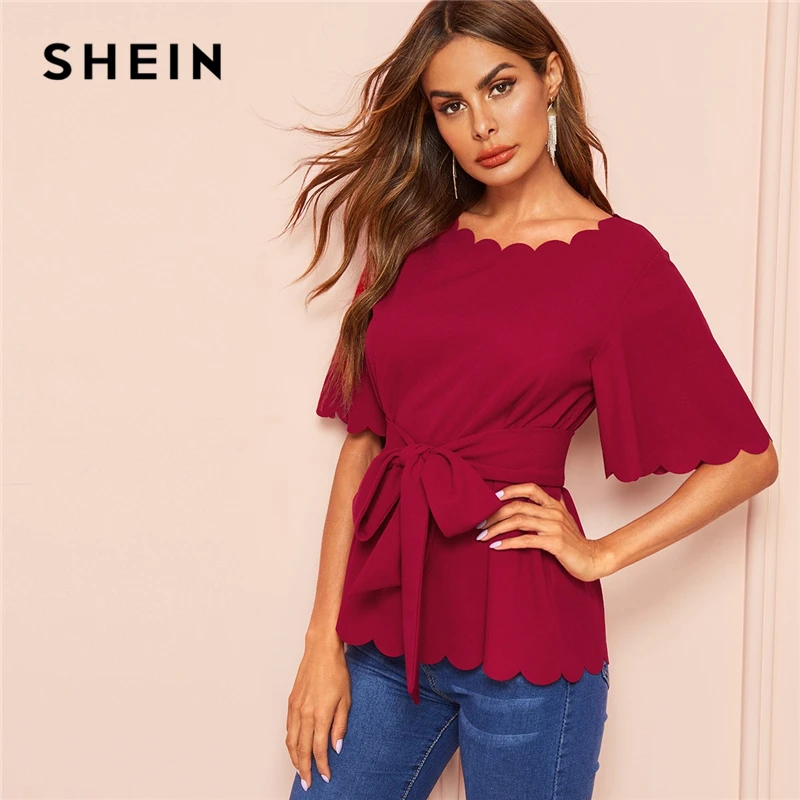 SHEIN Летний Офисный Женский Элегантный Топ С Поясом И Фестонами Однотонная Блузка С Отделкой